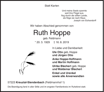 Traueranzeige von Ruth Hoppe von Siegener Zeitung