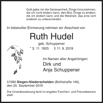 Traueranzeige von Ruth Hudel von Siegener Zeitung