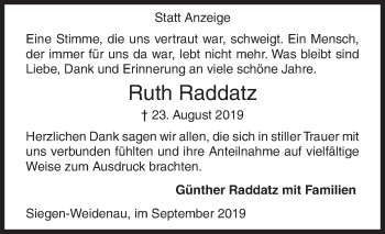 Traueranzeige von Ruth Raddatz von Siegener Zeitung
