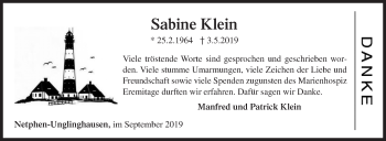 Traueranzeige von Sabine Klein von Siegener Zeitung