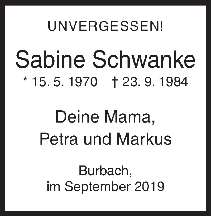  Traueranzeige für Sabine Schwanke vom 23.09.2019 aus Siegener Zeitung