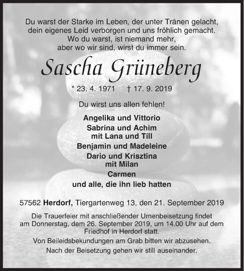  Traueranzeige für Sascha Grüneberg vom 21.09.2019 aus Siegener Zeitung
