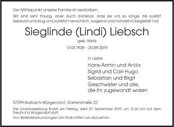 Traueranzeige von Sieglinde Liebsch von Siegener Zeitung
