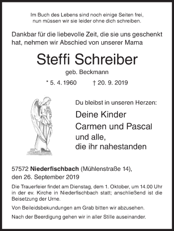 Traueranzeige von Steffi Schreiber von Siegener Zeitung