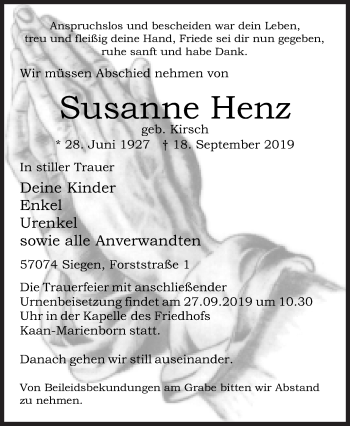 Traueranzeige von Susanne Henz von Siegener Zeitung