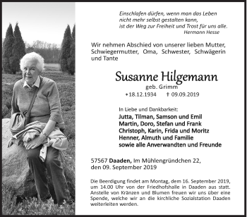 Traueranzeige von Susanne Hilgemann von Siegener Zeitung