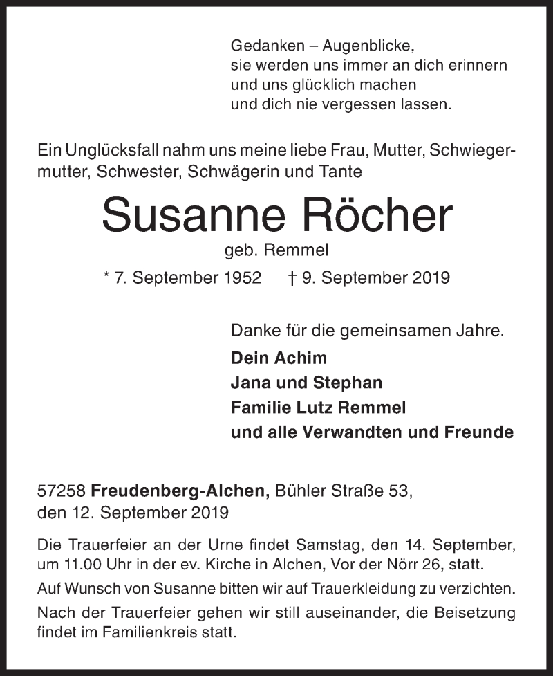  Traueranzeige für Susanne Röcher vom 12.09.2019 aus Siegener Zeitung