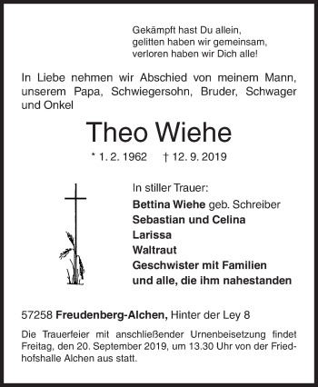 Traueranzeige von Theo Wiehe von Siegener Zeitung