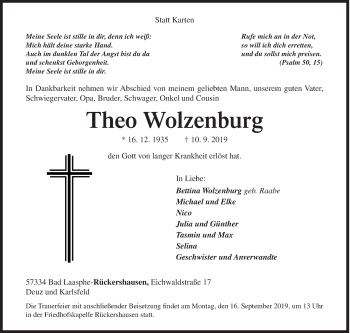 Traueranzeige von Theo Wolzenburg von Siegener Zeitung