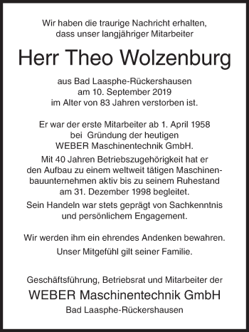 Traueranzeige von Theo Wolzenburg von Siegener Zeitung
