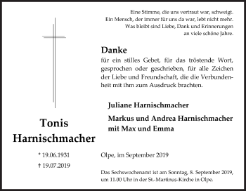 Traueranzeige von Tonis Harnischmacher von Siegener Zeitung