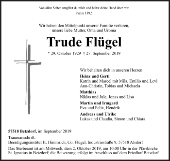 Traueranzeige von Trude Flügel von Siegener Zeitung