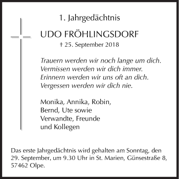 Traueranzeige von Udo Fröhlingsdorf von Siegener Zeitung