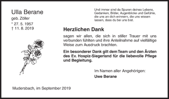 Traueranzeige von Ulla Berane von Siegener Zeitung