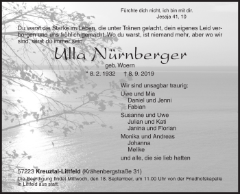 Traueranzeige von Ulla Nürnberger von Siegener Zeitung