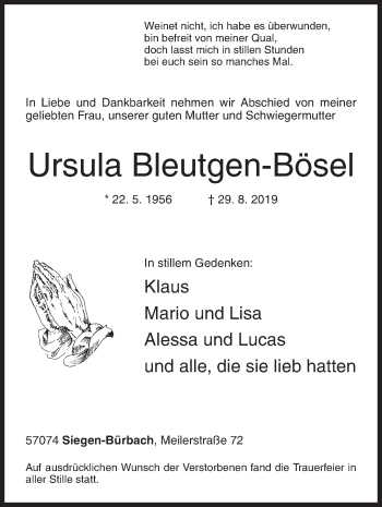 Traueranzeige von Ursula Bleutgen-Bösel von Siegener Zeitung
