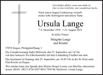 Traueranzeige von Ursula Lange von Siegener Zeitung