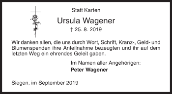 Traueranzeige von Ursula Wagener von Siegener Zeitung