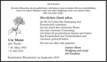 Traueranzeige von Ute Menn von Siegener Zeitung