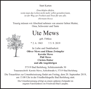 Traueranzeige von Ute Mews von Siegener Zeitung