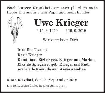 Traueranzeige von Uwe Krieger von Siegener Zeitung
