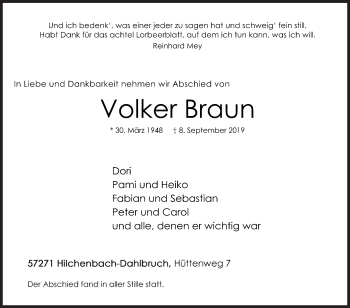 Traueranzeige von Volker Braun von Siegener Zeitung