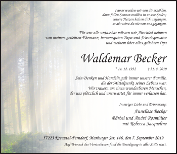 Traueranzeige von Waldemar Becker von Siegener Zeitung