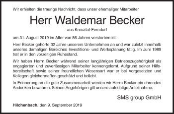 Traueranzeige von Waldemar Becker von Siegener Zeitung