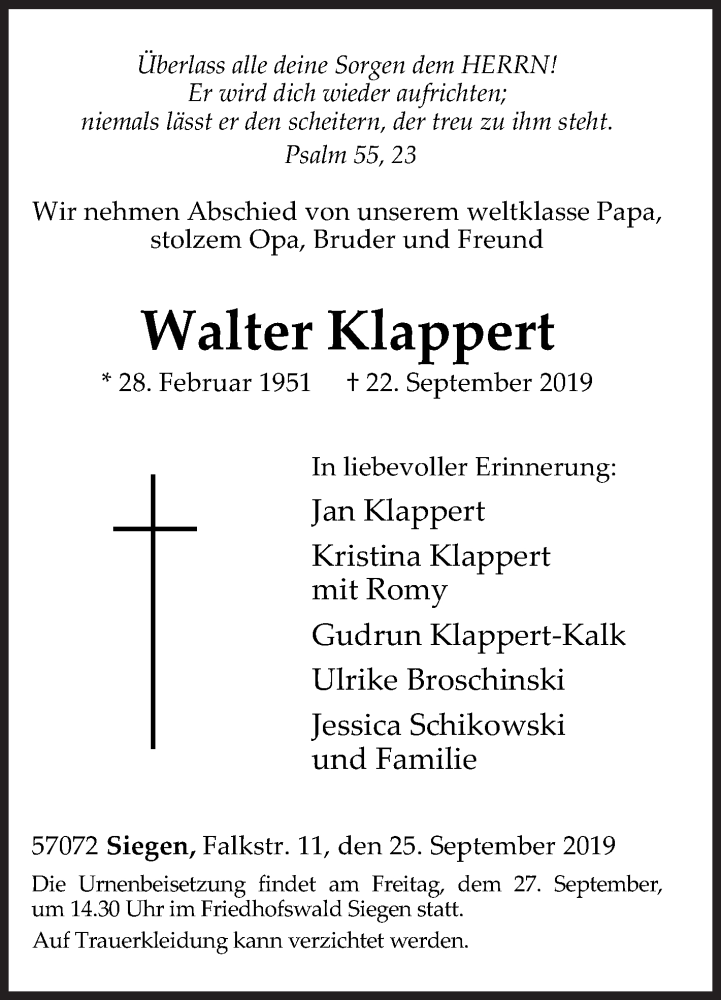  Traueranzeige für Walter Klappert vom 25.09.2019 aus Siegener Zeitung