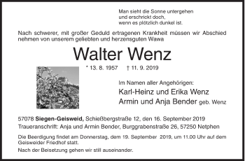 Traueranzeige von Walter Wenz von Siegener Zeitung
