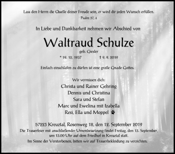 Traueranzeige von Waltraud Schulze von Siegener Zeitung