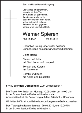 Traueranzeige von Werner Spieren von Siegener Zeitung