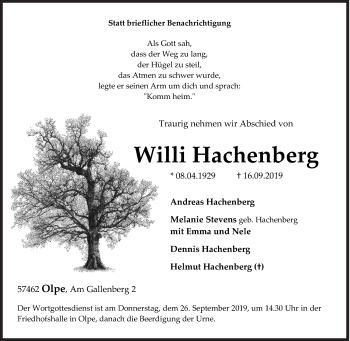 Traueranzeige von Willi Hachenberg von Siegener Zeitung