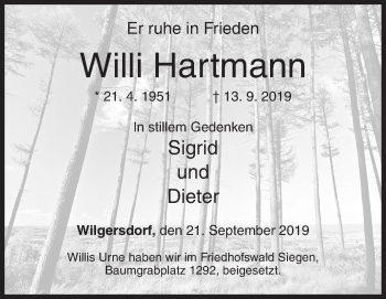 Traueranzeige von Willi Hartmann von Siegener Zeitung