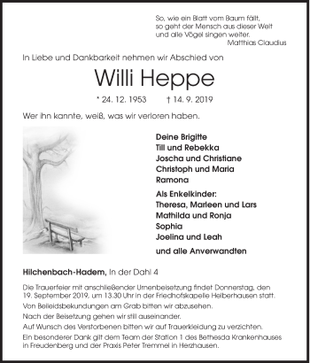 Traueranzeige von Willi Heppe von Siegener Zeitung