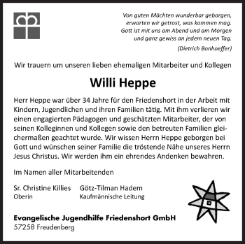 Traueranzeige von Willi Heppe von Siegener Zeitung