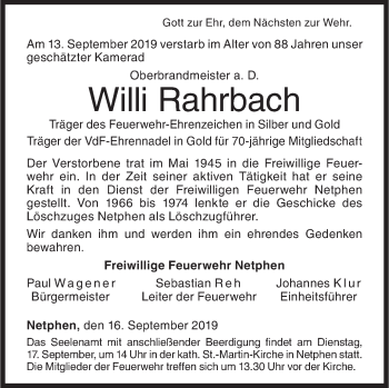 Traueranzeige von Willi Rahrbach von Siegener Zeitung