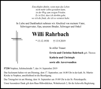 Traueranzeige von Willi Rahrbach von Siegener Zeitung