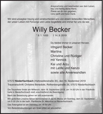Traueranzeige von Willy Becker von Siegener Zeitung