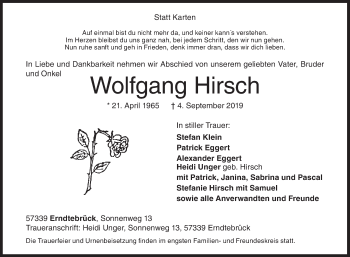 Traueranzeige von Wolfgang Hirsch von Siegener Zeitung