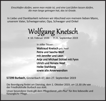 Traueranzeige von Wolfgang Knetsch von Siegener Zeitung