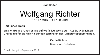 Traueranzeige von Wolfgang Richter von Siegener Zeitung