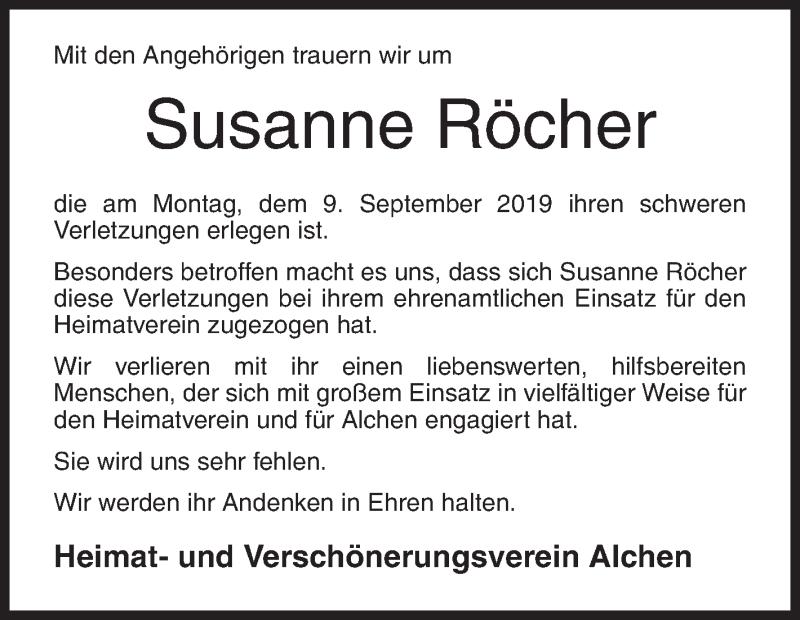  Traueranzeige für Susanne Röcher vom 13.09.2019 aus Siegener Zeitung