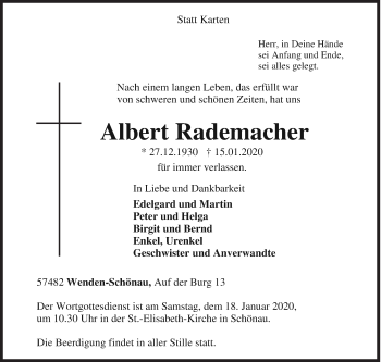 Traueranzeige von Albert Rademacher von Siegener Zeitung