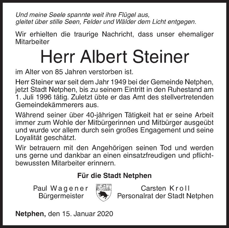  Traueranzeige für Albert Steiner vom 15.01.2020 aus Siegener Zeitung