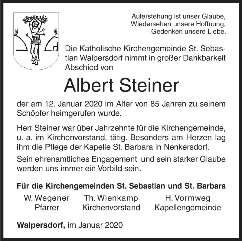  Traueranzeige für Albert Steiner vom 17.01.2020 aus Siegener Zeitung