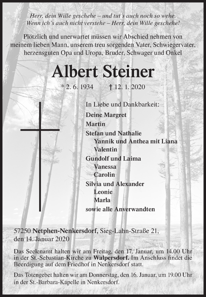  Traueranzeige für Albert Steiner vom 14.01.2020 aus Siegener Zeitung