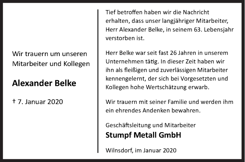  Traueranzeige für Alexander Belke vom 11.01.2020 aus Siegener Zeitung