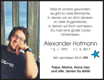 Traueranzeige von Alexander Hofmann von Siegener Zeitung