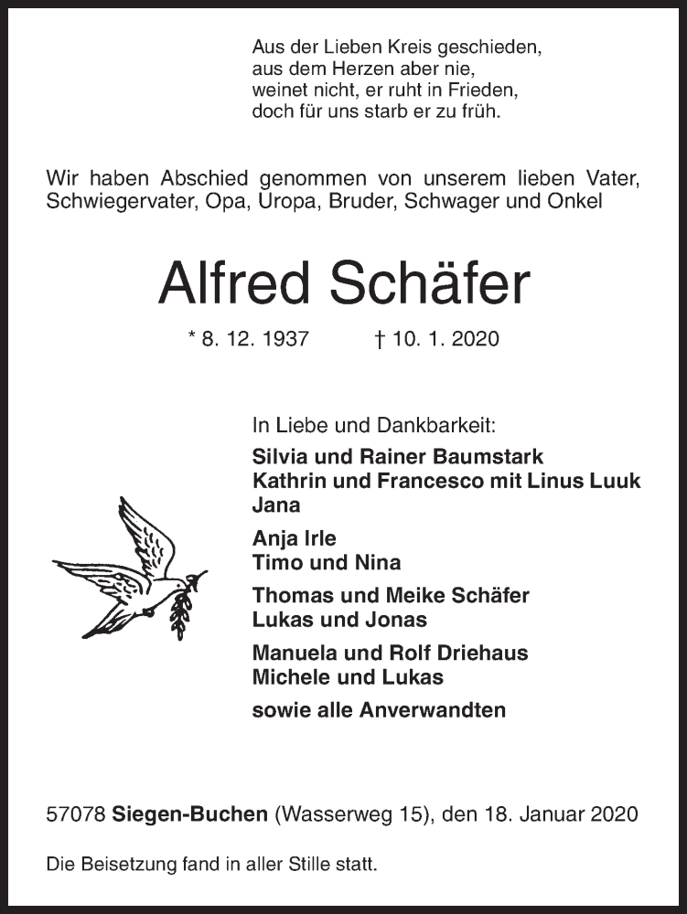  Traueranzeige für Alfred Schäfer vom 18.01.2020 aus Siegener Zeitung